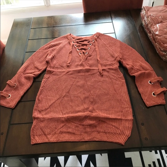 Sweaters - Cozy Lace up V-Neck Sweater, Burnt Orange